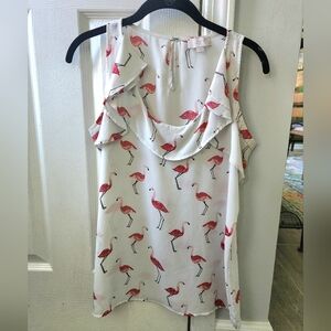 LOFT White Blouse Shell with Pink Flamingo Print & Ruffle Trim